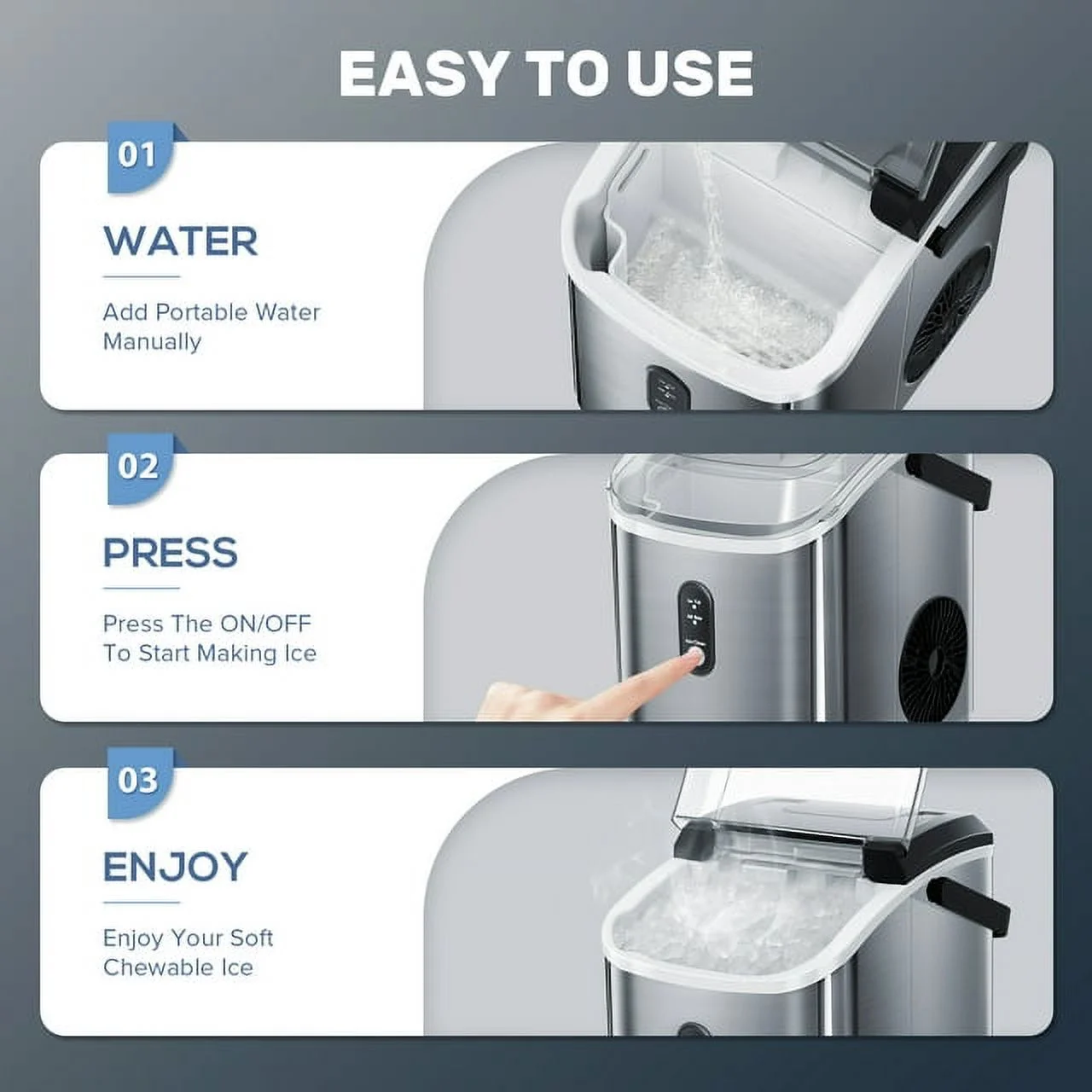 Auseo Nugget Ice Maker Countertop with Soft Chewable Pellet Ice, 33lbs/24H, Self-Cleaning Function, Stainless Steel, for Party/Kitchen/Office-Silver