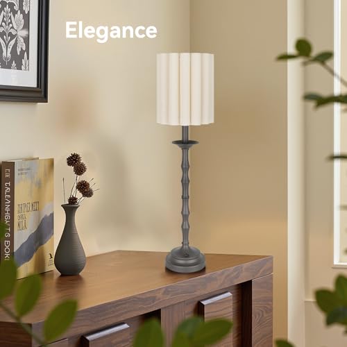 Vintage Black 28.9’’ Scalloped Table Lamp, Rustic/Farmhouse Buffet Lamp, Scallop Lampshade and Bamboo Lamp Post, for Living Room Bedside Side Table