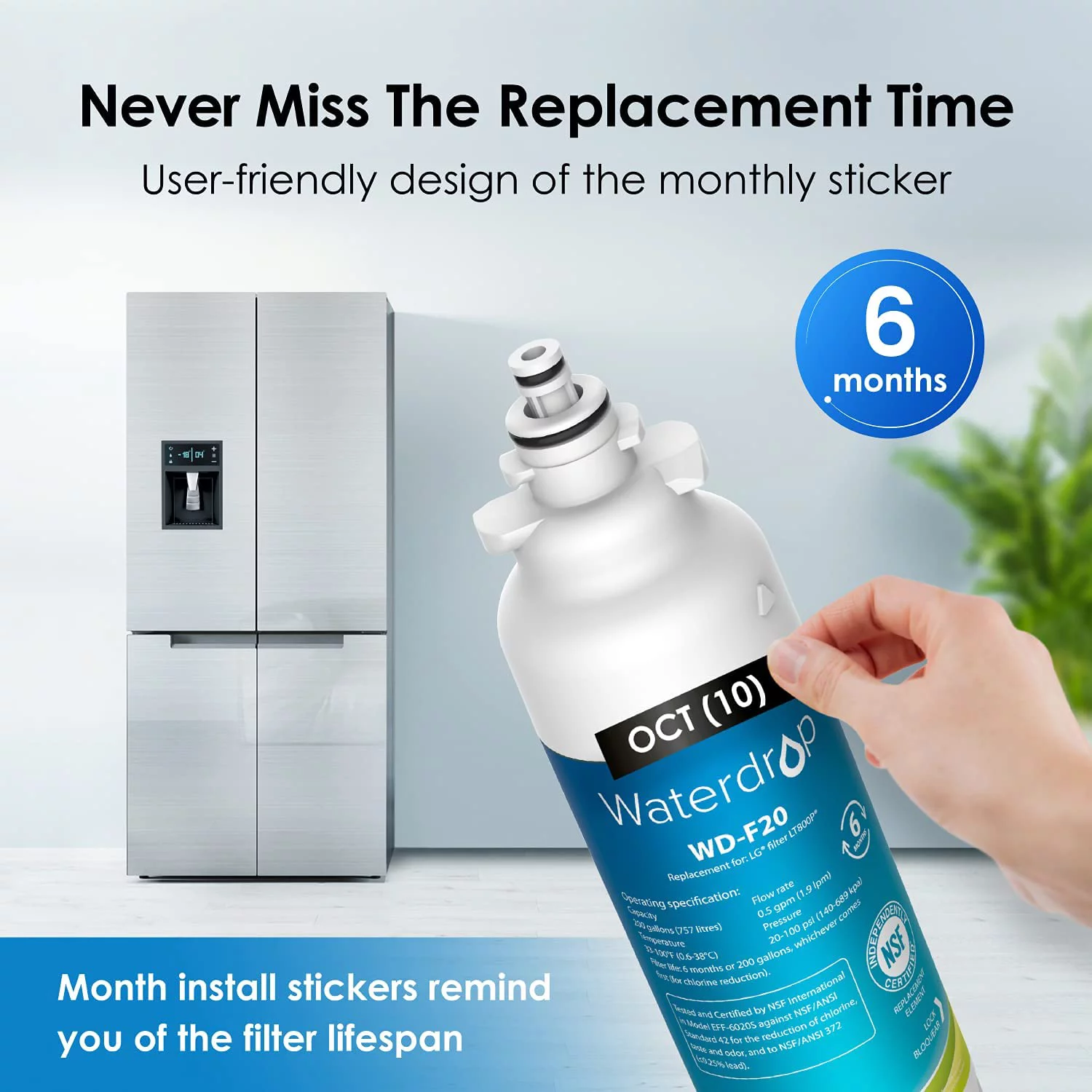 Waterdrop ADQ73613401 Replacement for LG® LT800P®, ADQ73613402, ADQ73613408, ADQ75795104, Kenmore 9490, LSXS26326S, LMXC23746S, LSXS26366S Refrigerator Water Filter,  Pack of 6 ( package may vary)