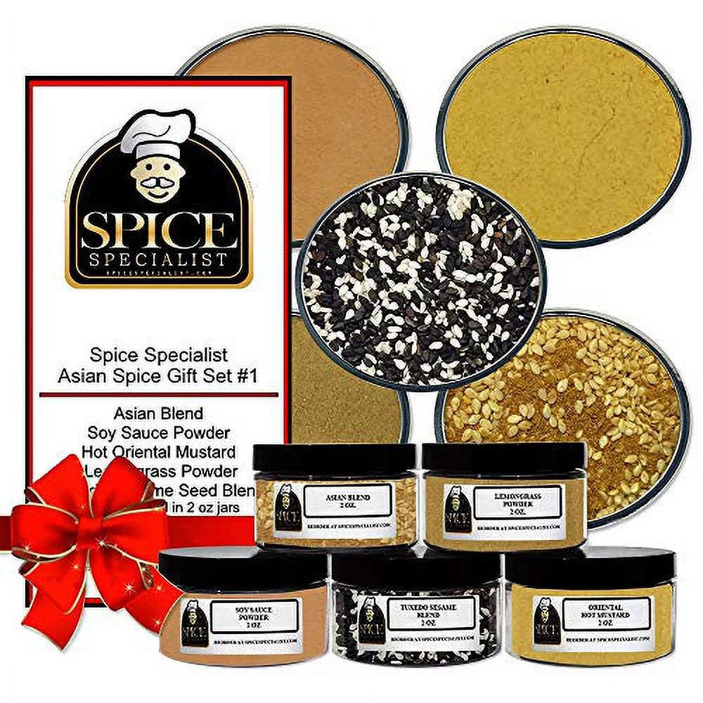 Asia Gift Set #1 - Our Asian Cuisine Set Contains: 5 Plastic Jars (1 Each Of: Asian Blend, Japanese Curry Powder, Soy Sauce Powder, Hot Oriental Mustard & Tuxedo Sesame Seeds)
