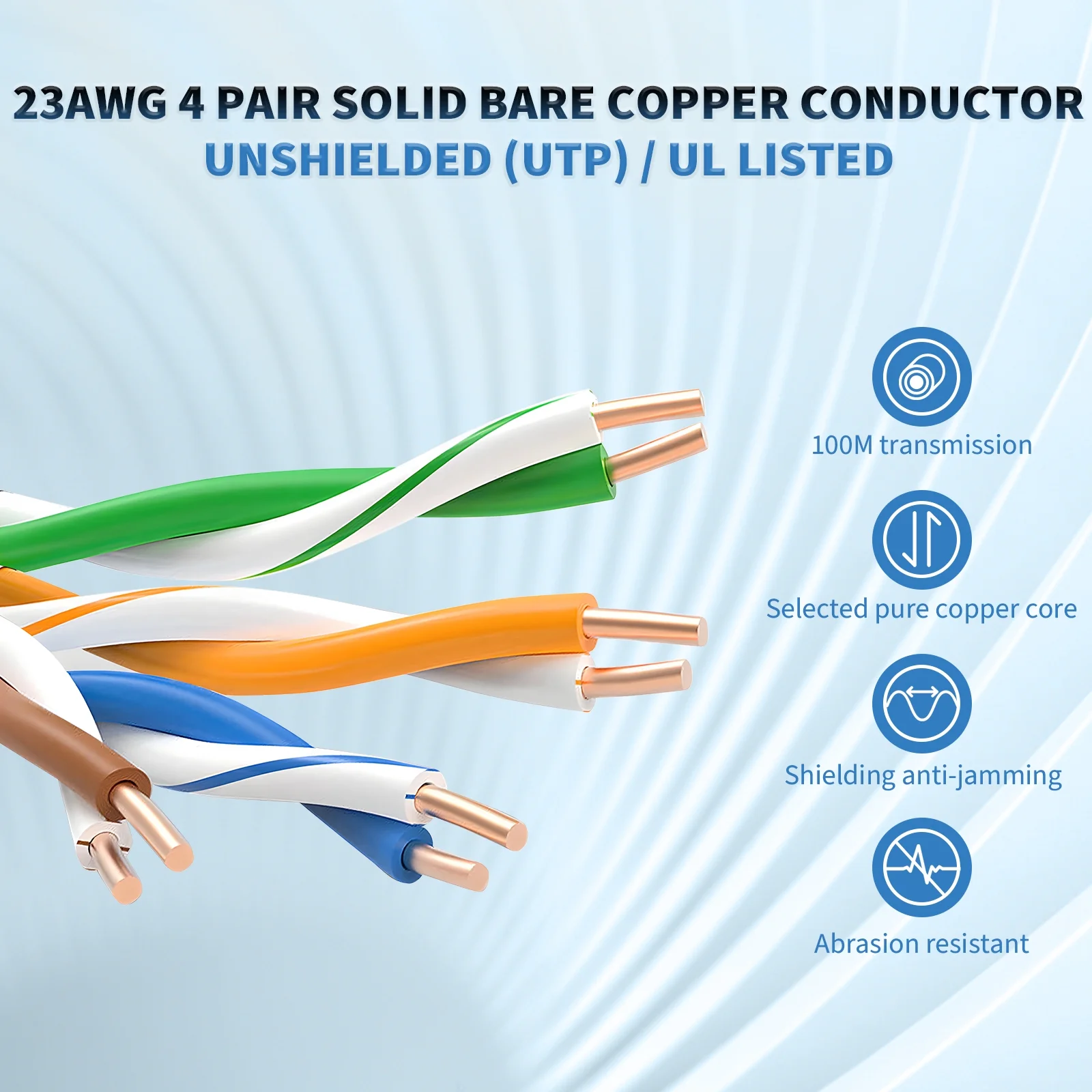 CENTROPOWER Cat6 Cable 1000ft，23AWG Solid Bare Copper Cable，CMR Full Gigabit Ethernet，550 MHz，PoE++ (4PPoE)，UTP ,Unshielded Twisted Pair，UL Listed