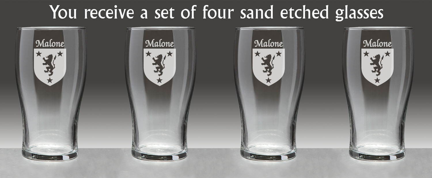 Malone Irish Coat of Arms Tavern Glasses - Set of 4 (Sand Etched)