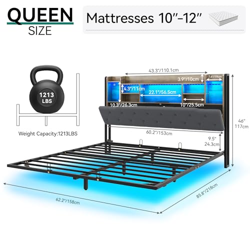 YITAHOME Queen Floating Bed Frame, Upholstered Platform Bed with Headboard Storage, and Charging Station, No Box Spring Needed,Dark Gray