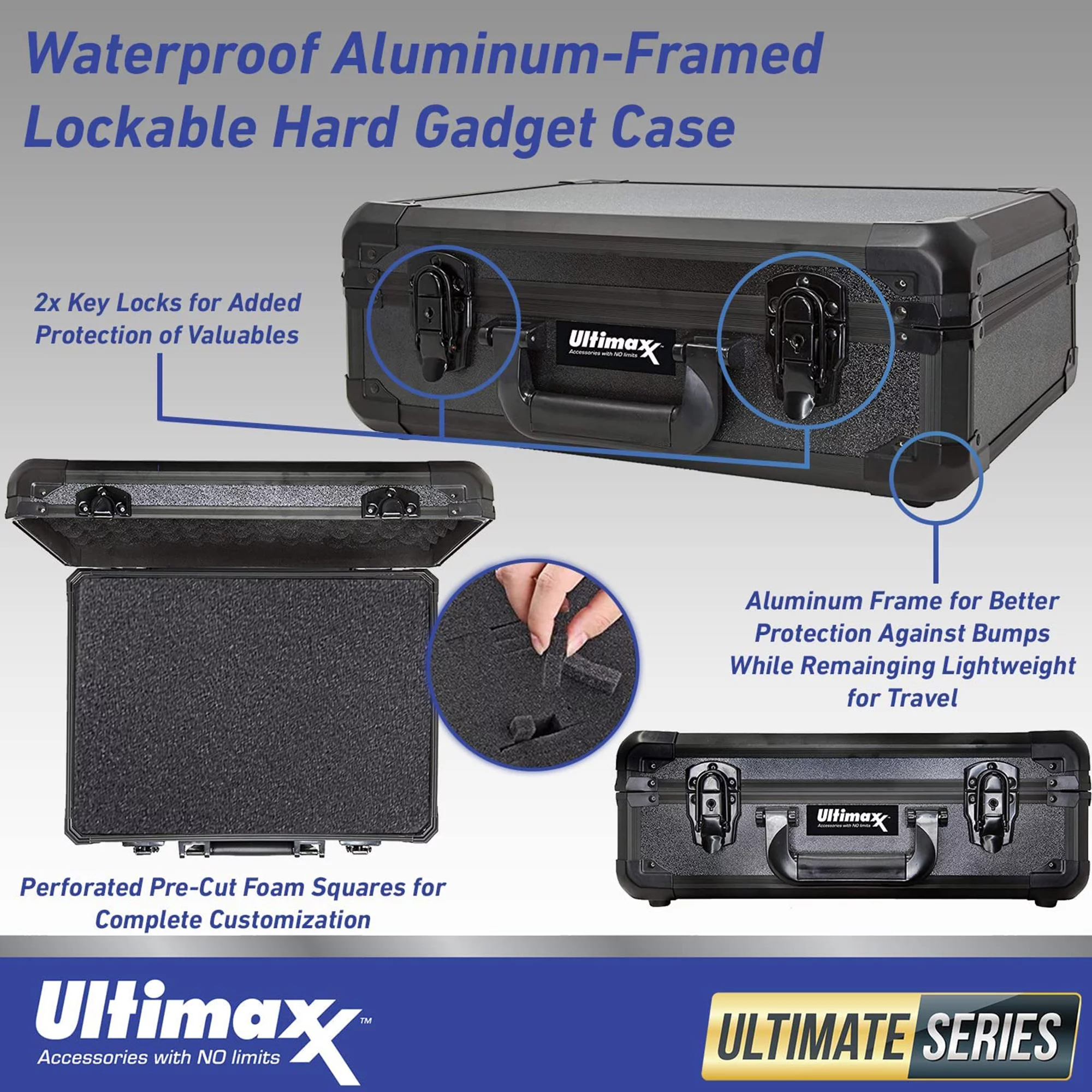 Ultimaxx Gadget Waterproof Hard Case Lockable Aluminum-Framed with Pick and Pluck Foam
