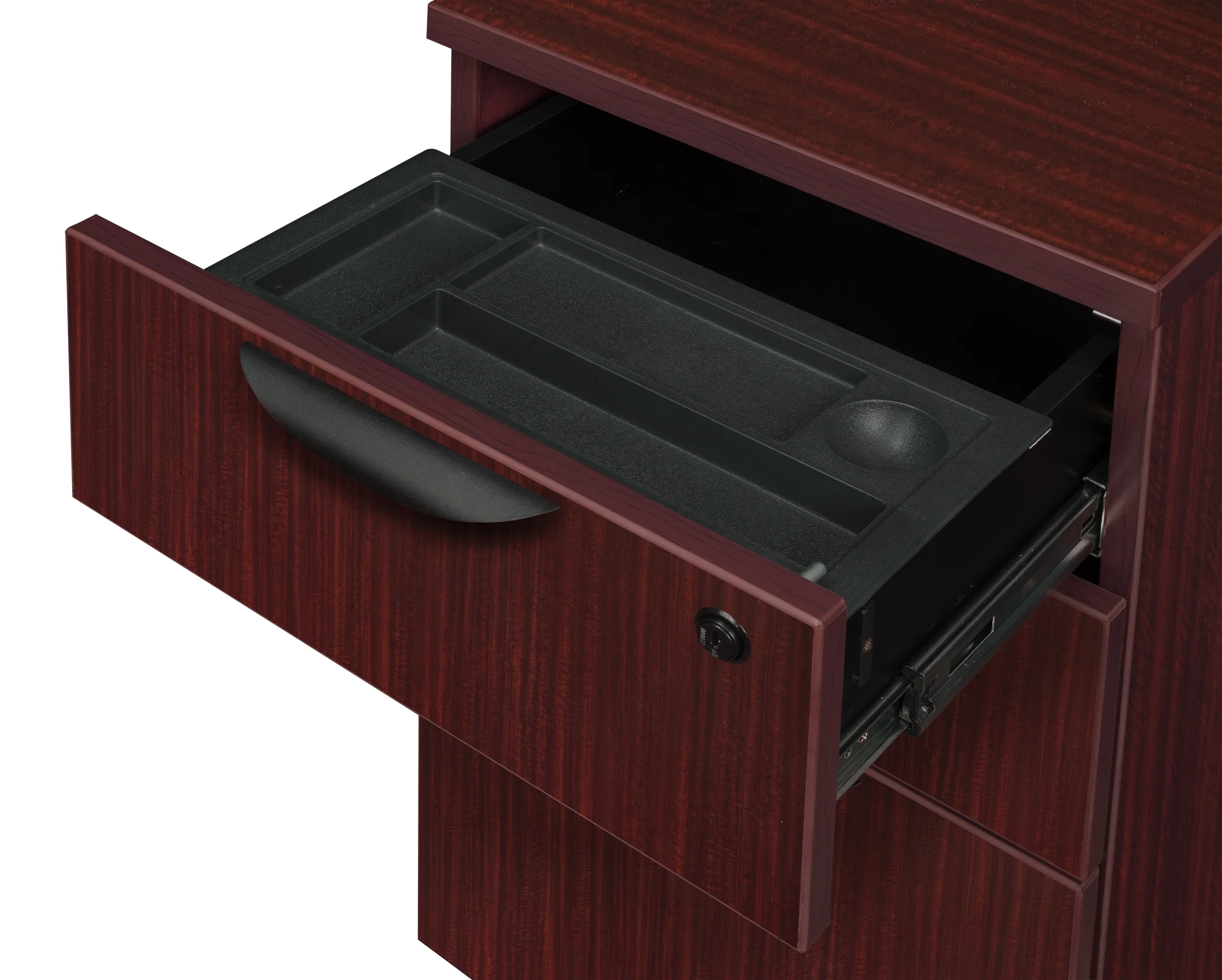 Romig Legacy Double Full Pedestal Reception Desk with White Transaction Top- Mahogany