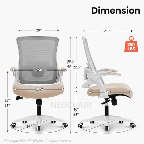 NEO CHAIR Office Desk Chair Computer High Back Mesh Gaming Seat with Ergonomic Adjustable Comfy Flip-up Armrests Lumbar Support Height for Home (Beige)