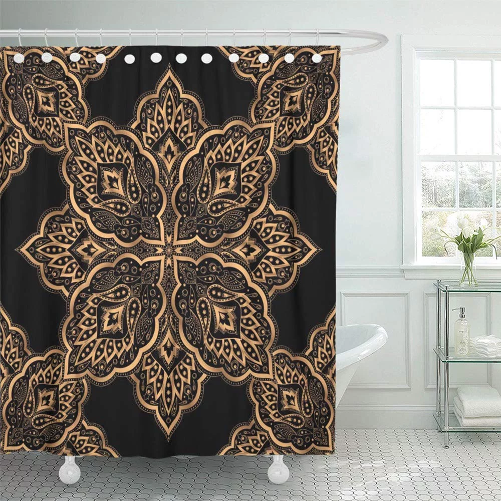 PKNMT Luxury Paisley Royal Gold Black Mandala for Yoga Beauty Spa Salon Wedding Waterproof Bathroom Shower Curtains Set 66x72 inch