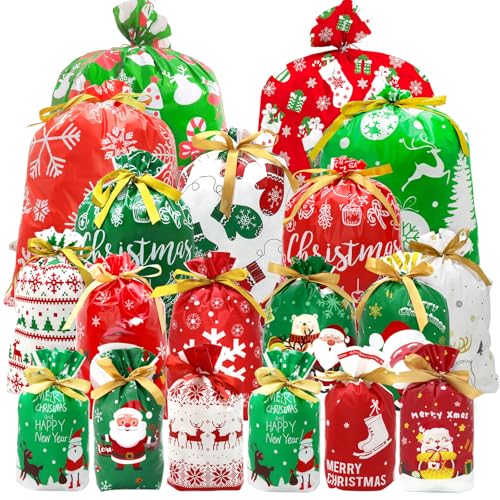 JJXUANER 43 PCS Christmas Drawstring Gift Bags Assorted Sizes Drawstring Christmas Bags for Gifts with Rope for Xmas Holiday Presents Party Favor