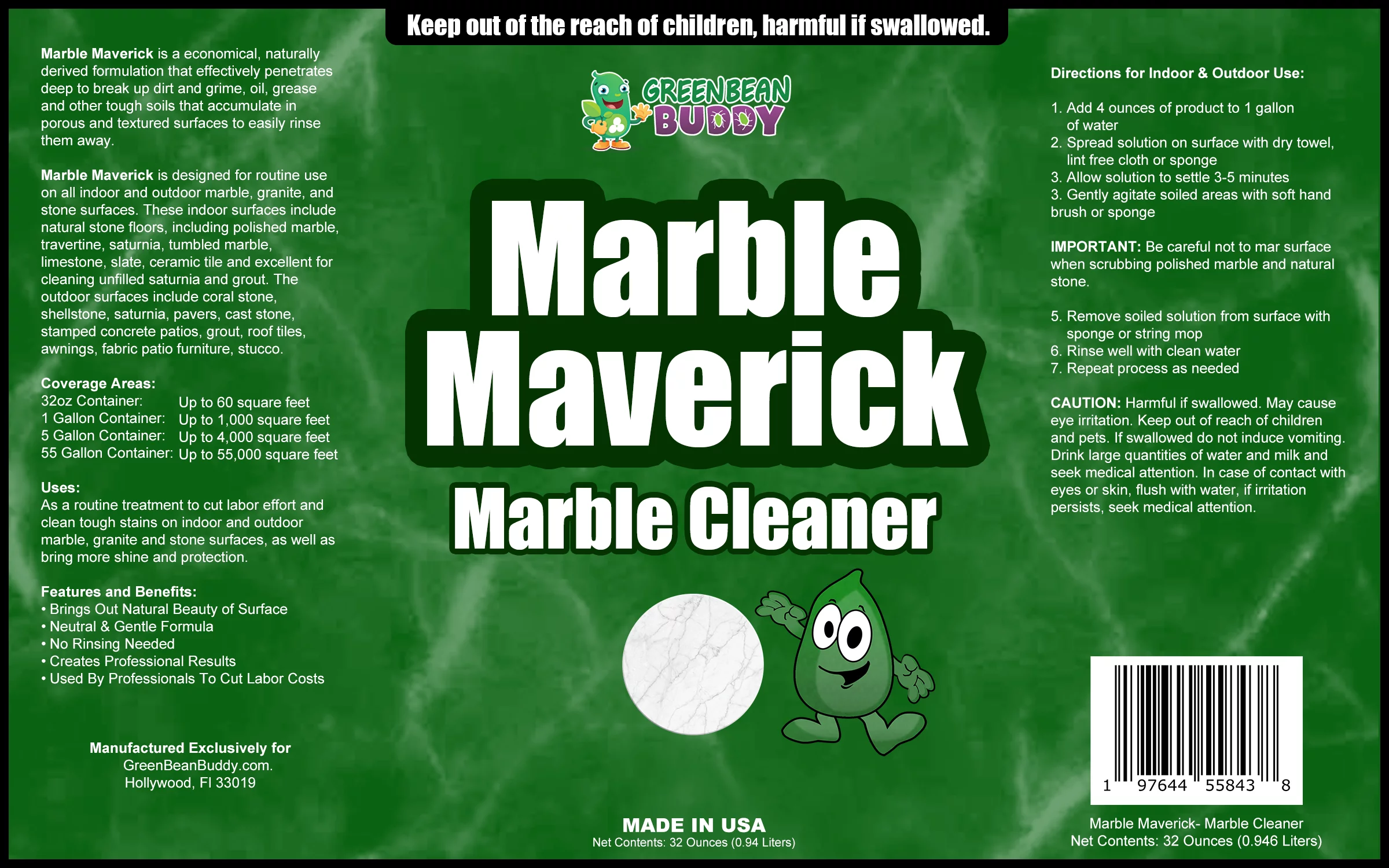 Marble Cleaner, Granite, Travertine, Stone Cleaner & Stain Remover, Marble Maverick 32oz by Green Bean Buddy