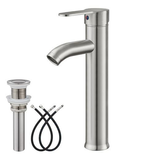 gotonovo Vessel Sink Faucet Single Handle Tall Bathroom Faucet 1 Hole Deck Mount Lavatory Vanity Modern Mixer Tap with Water Supply Lines and Metal Pop Up Drain, Brushed Nickel
