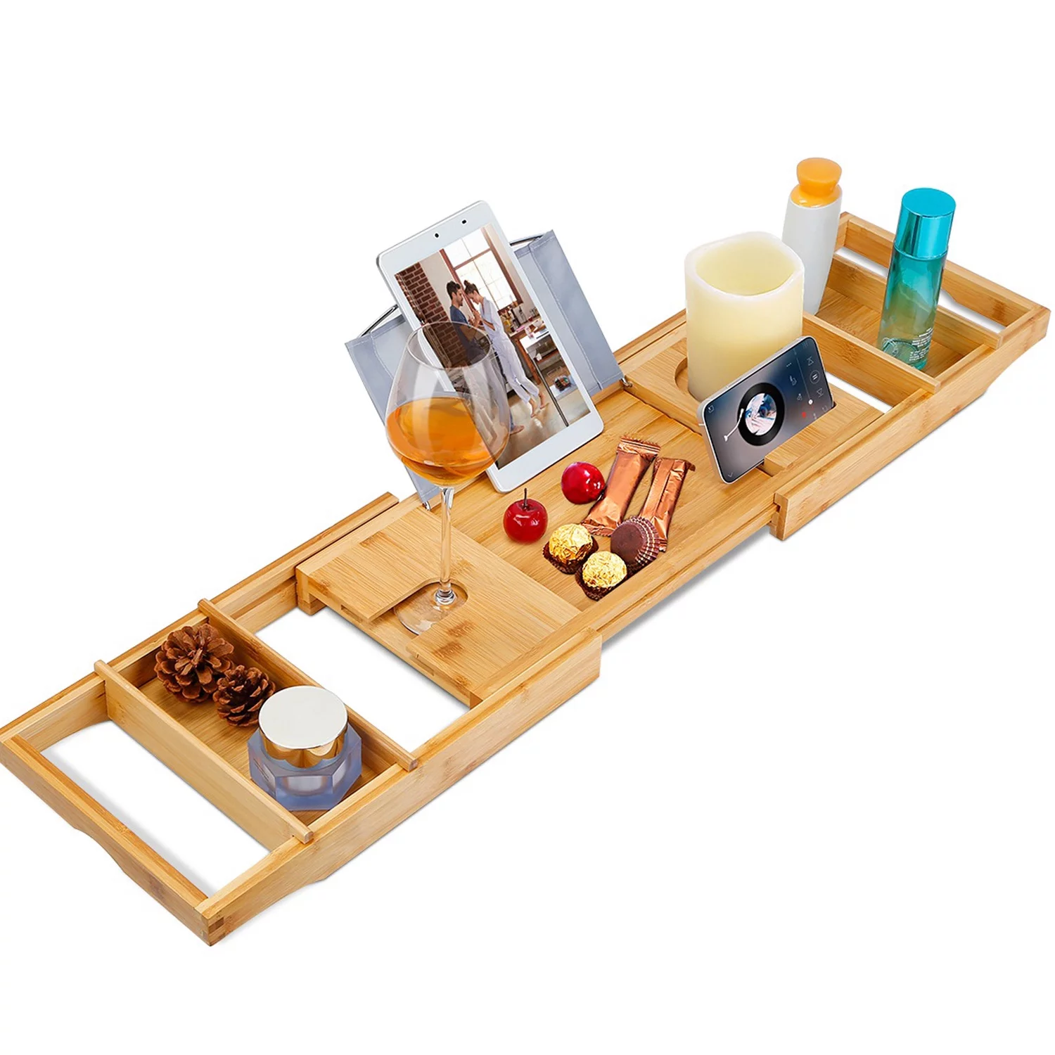 Crafted Bath Tray Table Extendable Reading Rack Bathtub Caddy Tray by NewHome for Bathroom Spa One  Shelves