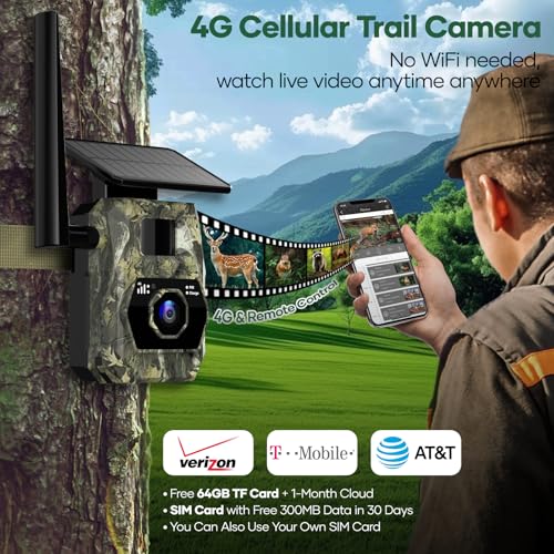 Solar Trail Camera 48MP 30FPS, WiFi Bluetooth Game Camera with Motion Activated 0.2s Trigger, Night Vision Motion Activated IP66 Waterproof for Wildlife Scouting with 32GB Micro SD Card