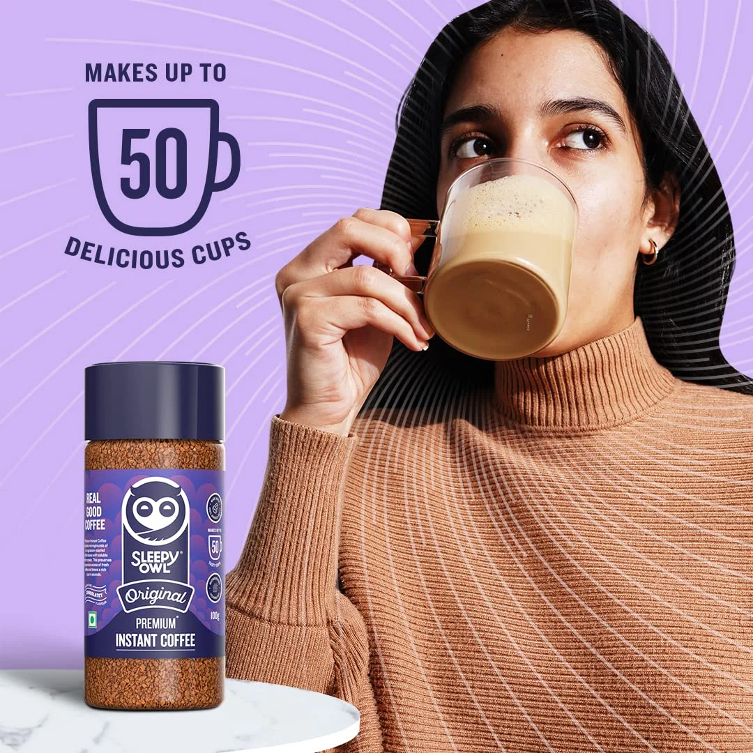 Sleepy Owl Original Premium Instant Coffee | 100% Arabica | Microground Technology | Ready in Seconds | Makes 50 Cups | 100g