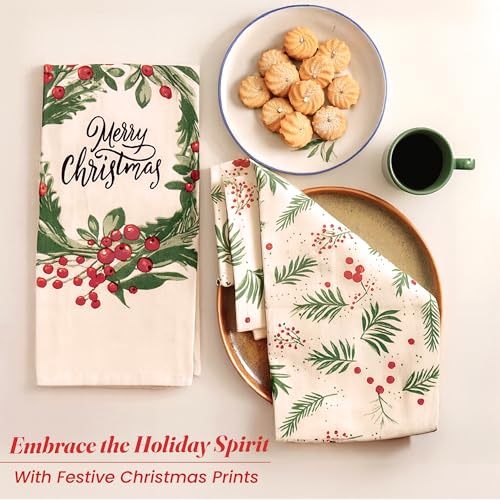 The Fine Living Co. 100% Cotton Merry Christmas Kitchen Towels, 18'x28' Set of 2 (Cherry Red & Green)