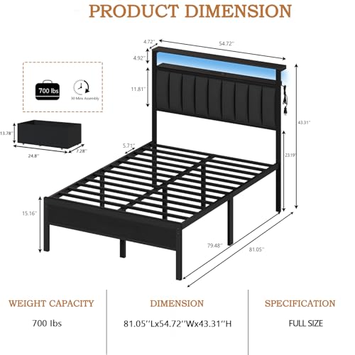 Furnulem Twin Bed Frames with Charging Station and LED Lights, Grey Upholstered Headboard with Shelves, Metal Platform Bed with 2 Under-Bed Storage (Fabric Drawer on Wheels), No Box Spring Needed