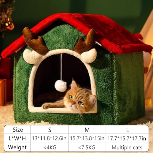 Christmas Cat House Xmas Pet Nest Luxury Indoor Dog House Winter Cat Nest Foldable Warm Soft Kennel Cozy Cat House with Removable Cushion Pillow and Non-Slip Bottom