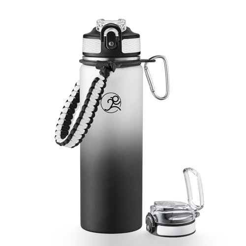 GOSWAG Insulated Sports Water Bottle, 24oz 2 Lids(with Straw/No Straw), Stainless Steel Water Bottles with Paracord Handle, Insulated Thermos with Double-Wall Vacuum Insulation