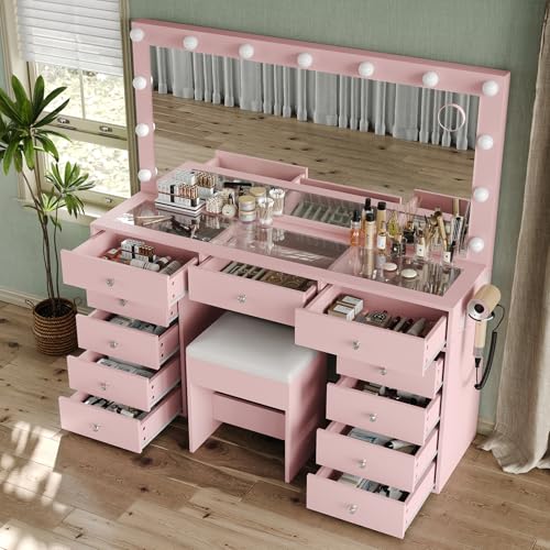 Vanity Desk & Power Outl, Makeup Vanity with Mirror and 12 LED Lights, Makeup Table with 11 Drawers, Vanity Table with Chair,Set 3 Lighting Modes Brightness Adjustable-(White)