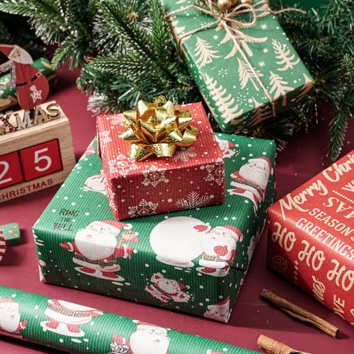 RUSPEPA Christmas Kraft Wrapping Paper - Owl, Reindeer, Christmas Ball and Text Design - 4 Rolls - 30 inches x 10 feet per Roll