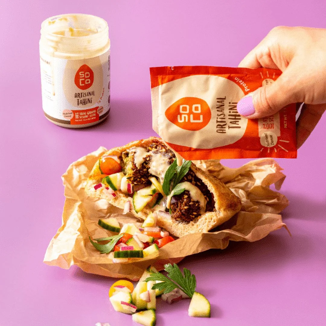 SoCo 2 x Artisanal Tahini Jars each of (380 Grams ) with combo 2 x Artisanal Tahini Squeeze Packs each (Box of 10) Gluten-Free, Sugar-Free