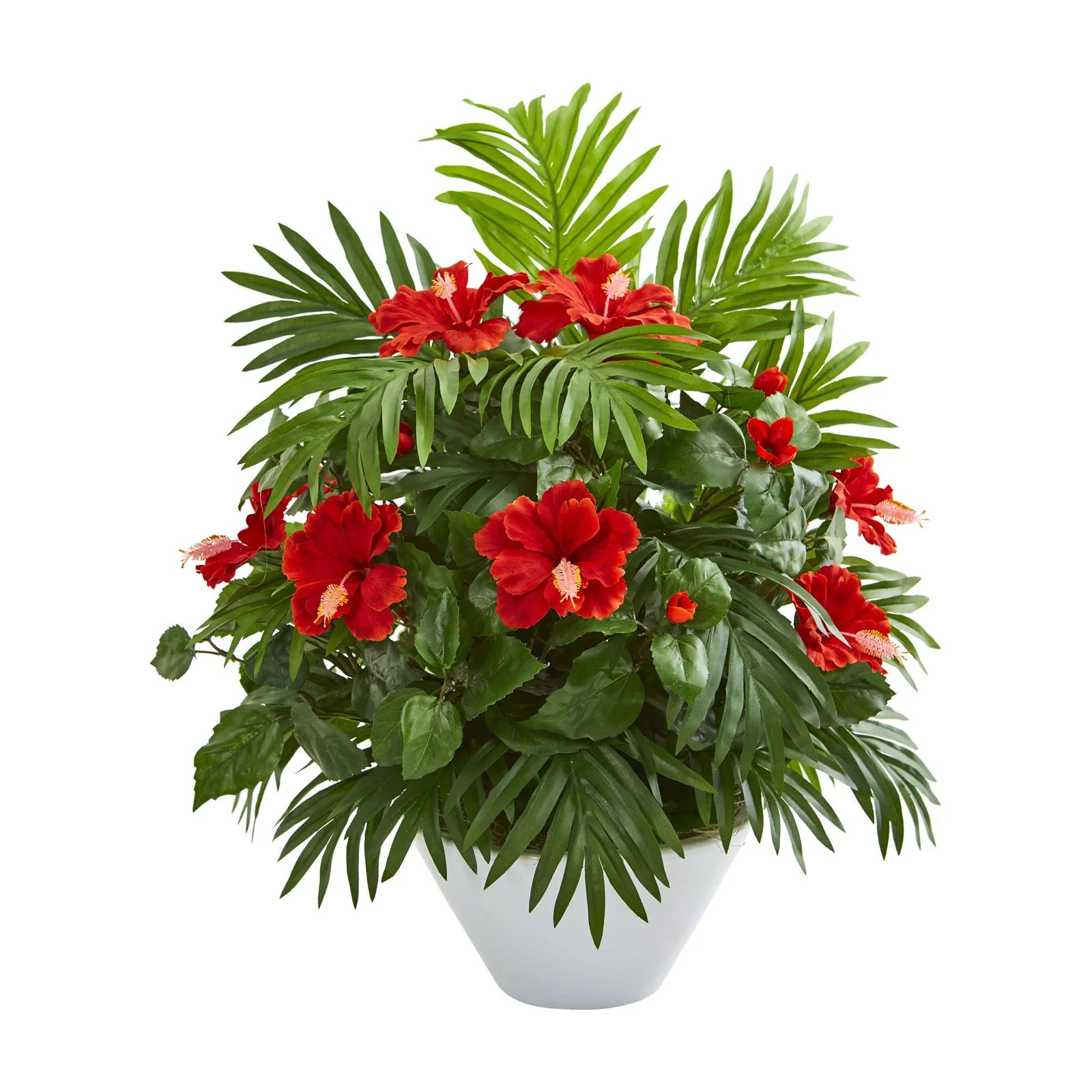 Nearly Natural Hibiscus and Areca Palm Artificial Plant in White Bowl