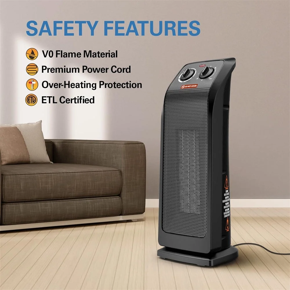 18-Inch Tower Heater - 1500W Ceramic Electric Heater - Thermostat, 3 Modes, Tip-Over Protection, 60&deg; Oscillation