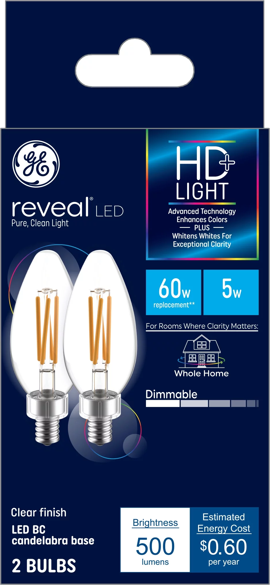 GE Reveal LED Decorative Light Bulbs, 60 Watt Eqv, Candelabra Base, 2pk