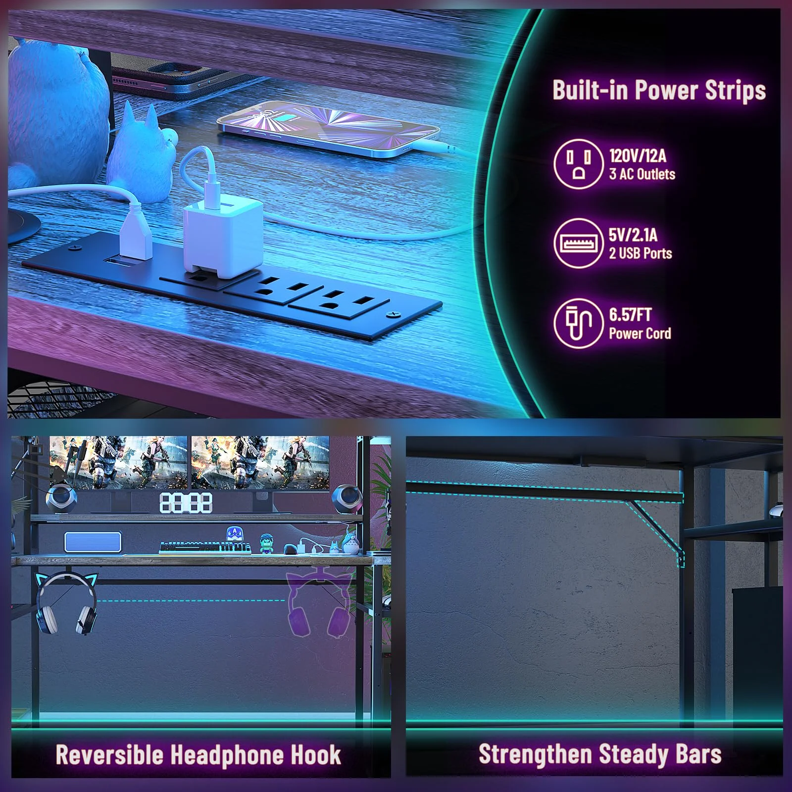 Homieasy Desk with LED Lights and Power Outlets, 47'' Reversible Large Corner Computer Desk with Hutch and Storage Shelf, Ergonomic L Shaped Gaming Desk with Monitor Stand and Hook, Black Oak