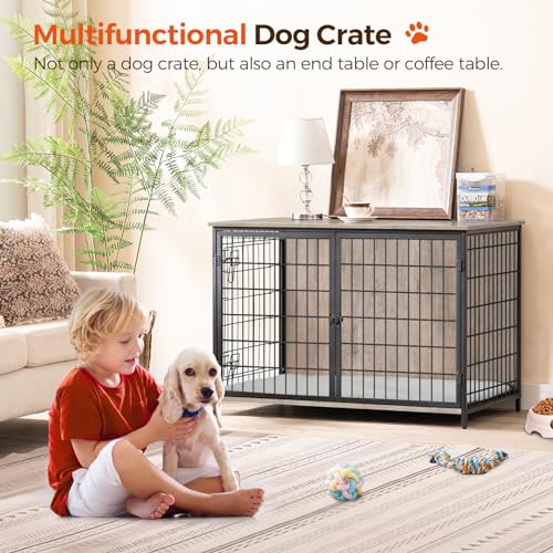 Dog Crate Furniture with Cushion, Wooden Dog Kennel with Double Doors, Heavy Duty Dog Cage for Small/Medium/Large Dogs, Indoor Dog House End Table, 31.5