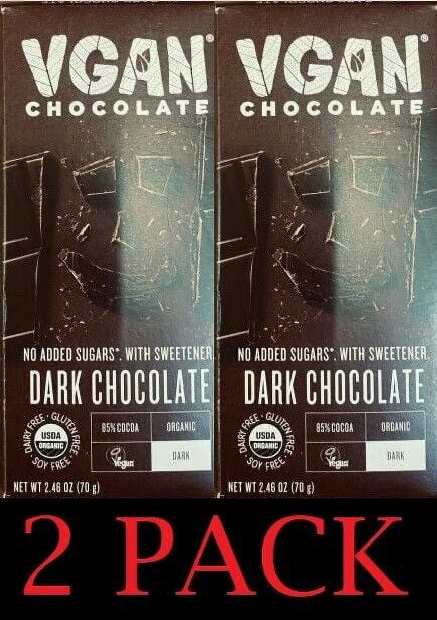 2x VGAN Organic VEGAN DARK Chocolate NO added Sugars 2.46 Oz Bar 85% - 2 PACK
