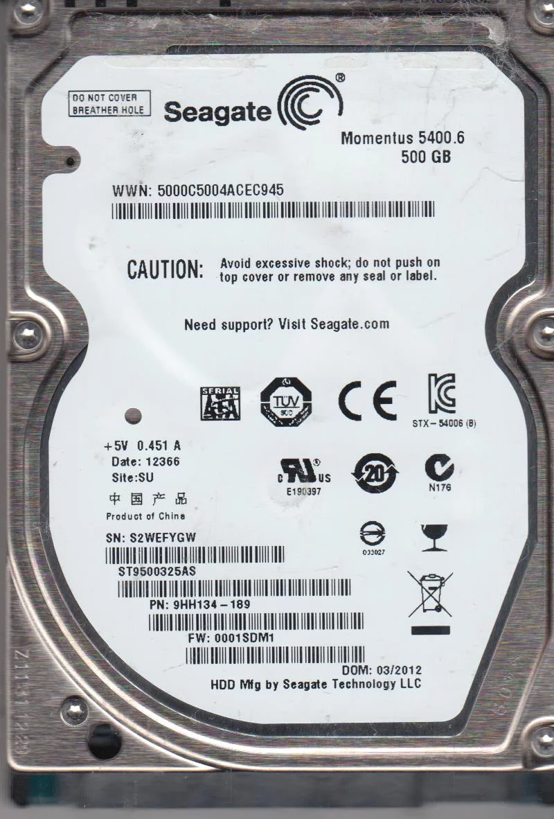 ST9500325AS, S2W, SU, PN 9HH134-189, FW 0001SDM1, Seagate 500GB SATA 2.5 Hard Drive