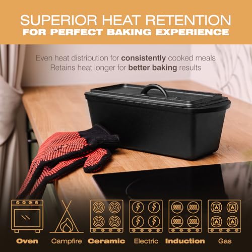 KUHA Cast Iron Bread Loaf Pan with Lid + Heat Resistant Gloves - Pre-Seasoned Cast Iron Bread Pan with Handles - Oven-safe bread pans for homemade bread - Ideal Loaf Pans for Campfire or Home Kitchen