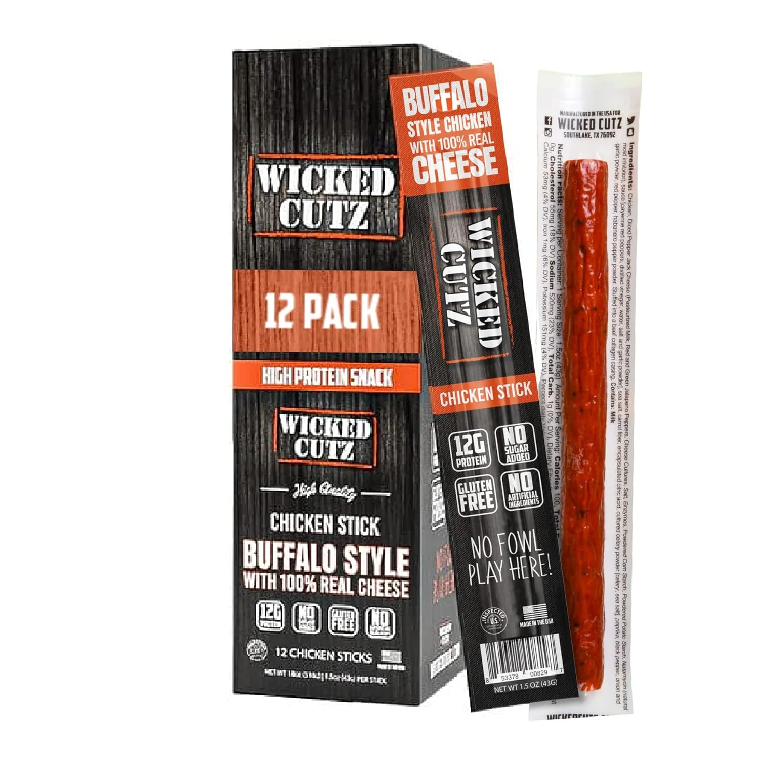 Wicked Cutz Premium Chicken Jerky Sticks, High Quality, Protein-Rich, Buffalo, 1.5 oz, 12-Pack