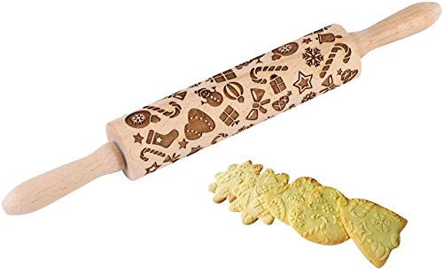 Christmas Wooden Rolling Pins, Xmas 3D Reindeer Shape Decor Embossing Rolling Pin,Christmas Patterned Rolling Pin Baking Tools (Christmas Reindeer)