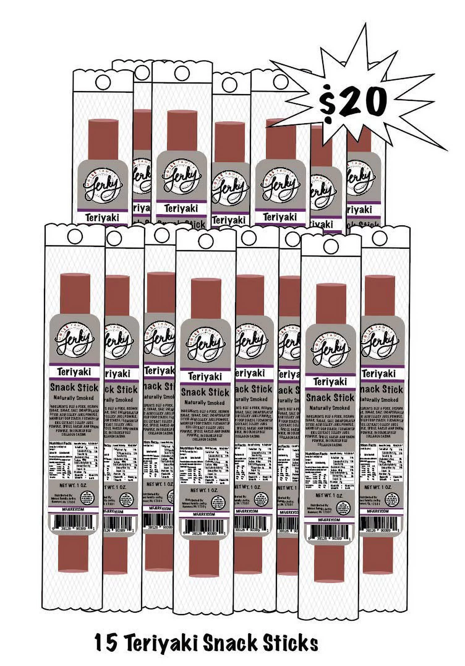 Moses Family Beef Jerky, Teriyaki Snack Stick, 1 Ounce (Pack of 15), Fresh, Meat Stick