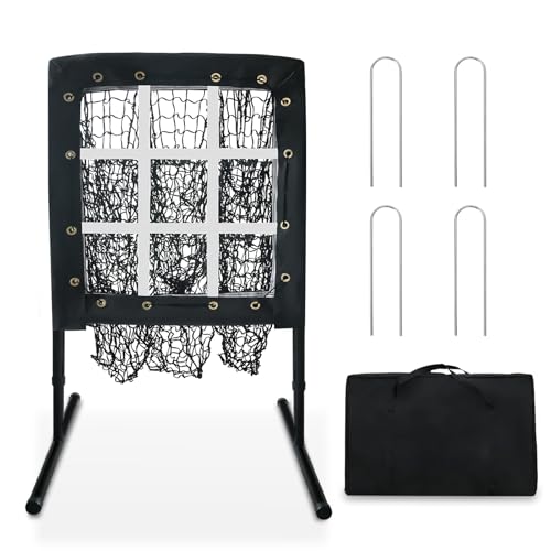 9 Hole Baseball Pitching Net with Strike Zone, Portable Pitching Pocket Net for Softball Train, Adjustable Height Baseball Softball Net with Carry Bag for Hitting and Pitching