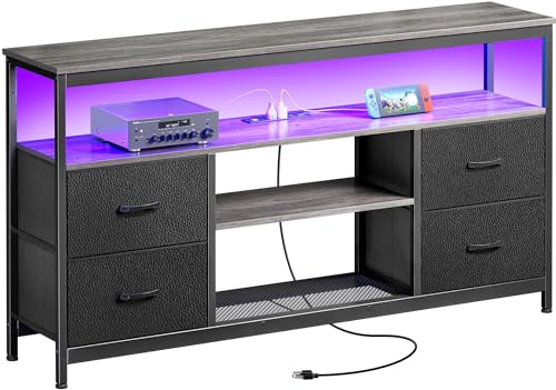 Huuger TV Stand Dresser with Power Outlets and LED Lights, 4 Drawers Entertainment Center with Open Shelf, Media Console for 50 43 Inch TV, Dresser with PU Finish, Black