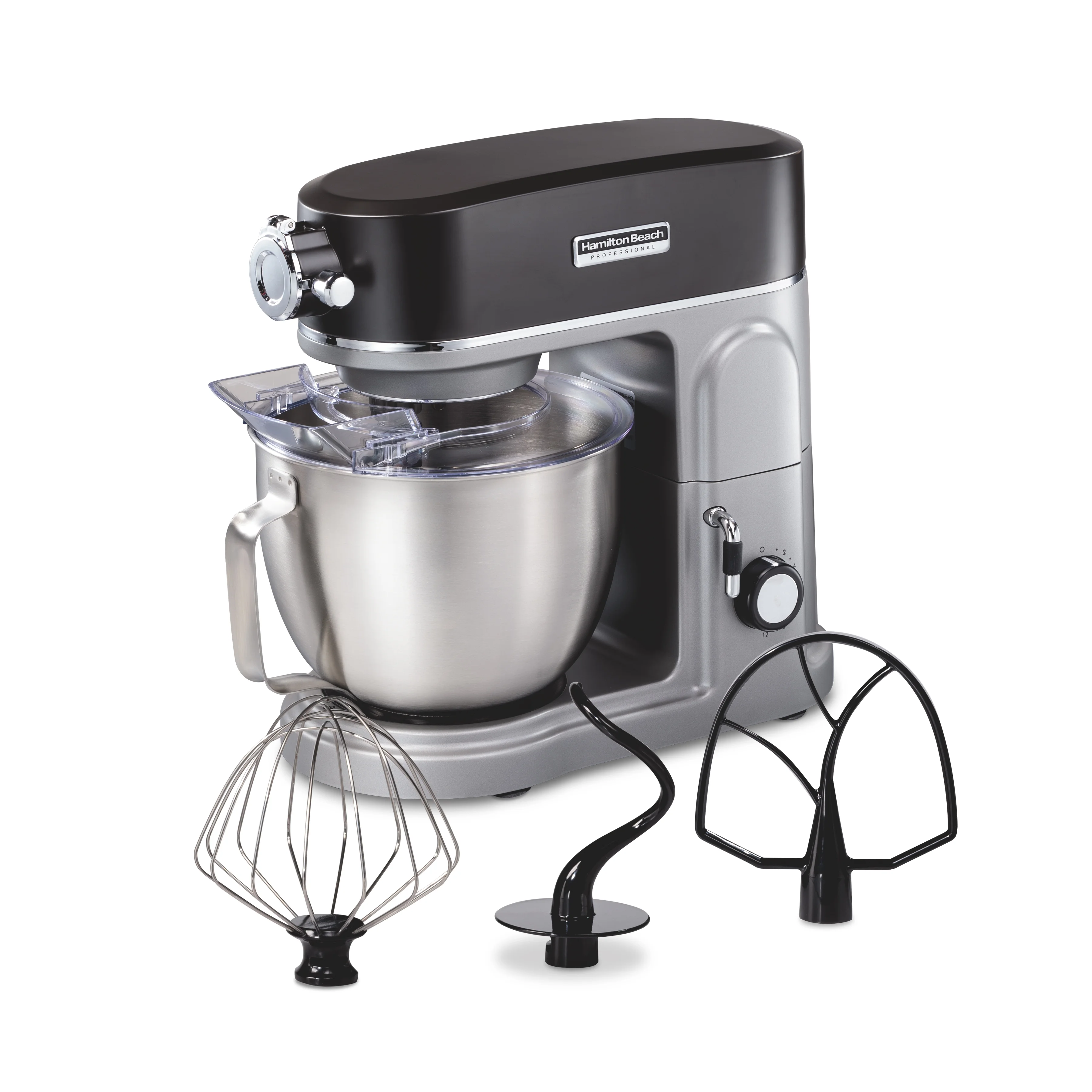 Hamilton Beach Professional All-Metal Stand Mixer, Specialty Attachment Hub, 5 Quart Bowl, 12 Speeds, Includes Flat Beater, Dough Hook, Whisk, Silver, 63240