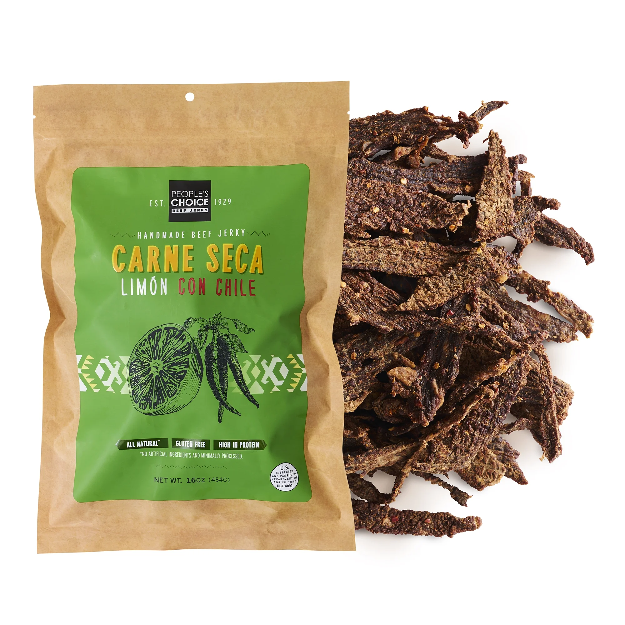People's Choice Beef Jerky - Carne Seca - Limón Con Chile - Sugar Free - Dry Texture - 1 Pound, 16 oz - 1 Bag