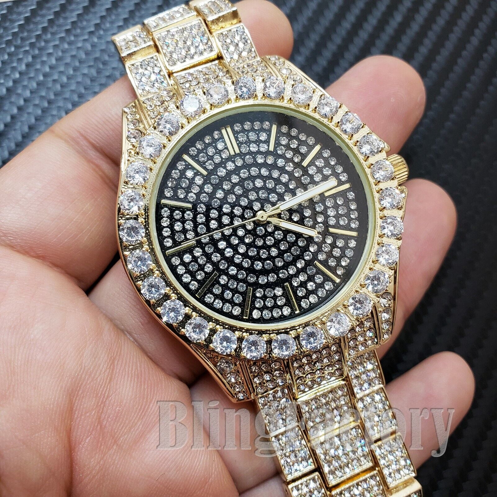 MEN ICED HIP HOP GOLD PT FASHION WATCH & ACE of SPADES BLING PENDANT COMBO SET