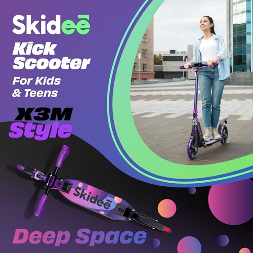 Skidee Adult & Teen Scooter Adjustable Height, Folding, Large Wheels, Lightweight, Durable, Anti-Shock Suspension, Up to 220 lbs