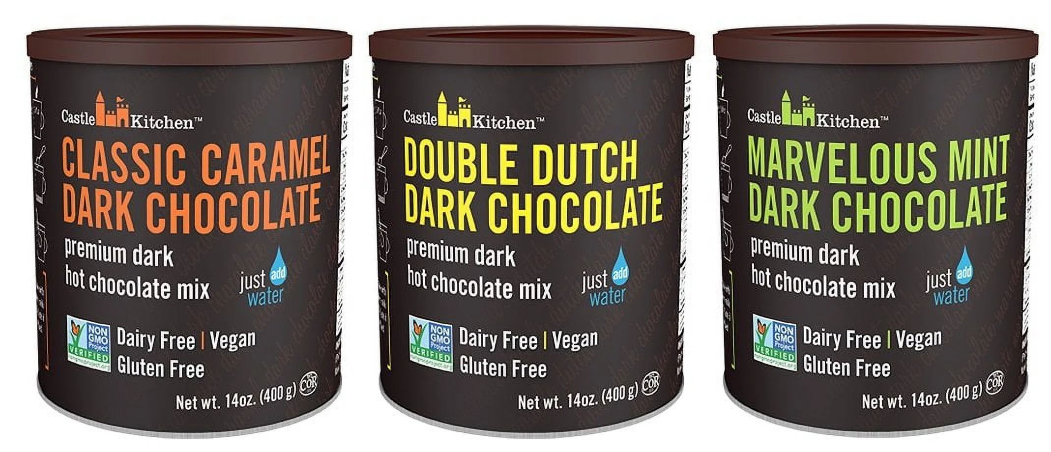 Castle Kitchen Natural Hot Chocolate Mix Variety Pack (42 Oz) - Dairy-Free, Vegan Complete Mixes - Just Add Water - Pack of 3 (Classic Caramel, Double Dutch, Marvelous Mint Dark Chocolate) 14 oz Each