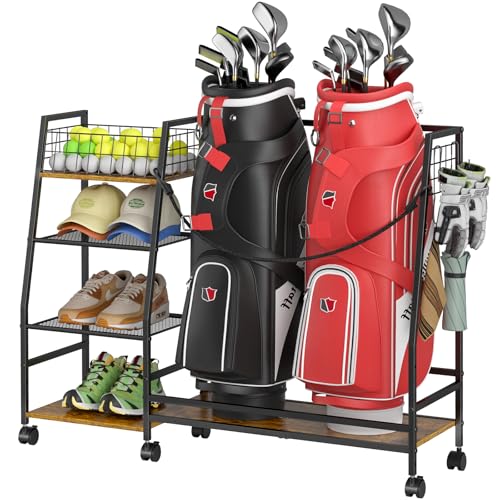 Golf Bag Storage Rack for Garage with Wheels, Organizer for 2 Golf Bag and Equipment Accessories, Golf Organizer Stand Ideal for Home, Garage, Club, Shed, Basement - Sturdy and Durable (Black)