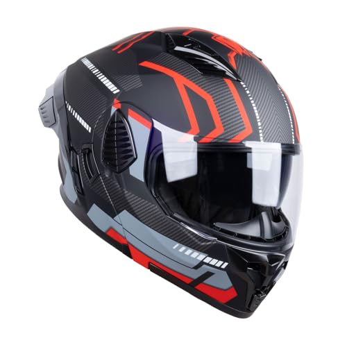 Full Face Modular Motorcycle Helmets Dual Visor Flip up DOT Approved Racing Street Bike Motocross Helmet for Adults (Matt Black/Red, X-Large)