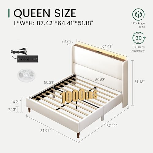 Queen Size Bed Frame with LED Lights and Charging Station Linen Upholstered Platform Bed Frame with 51.2