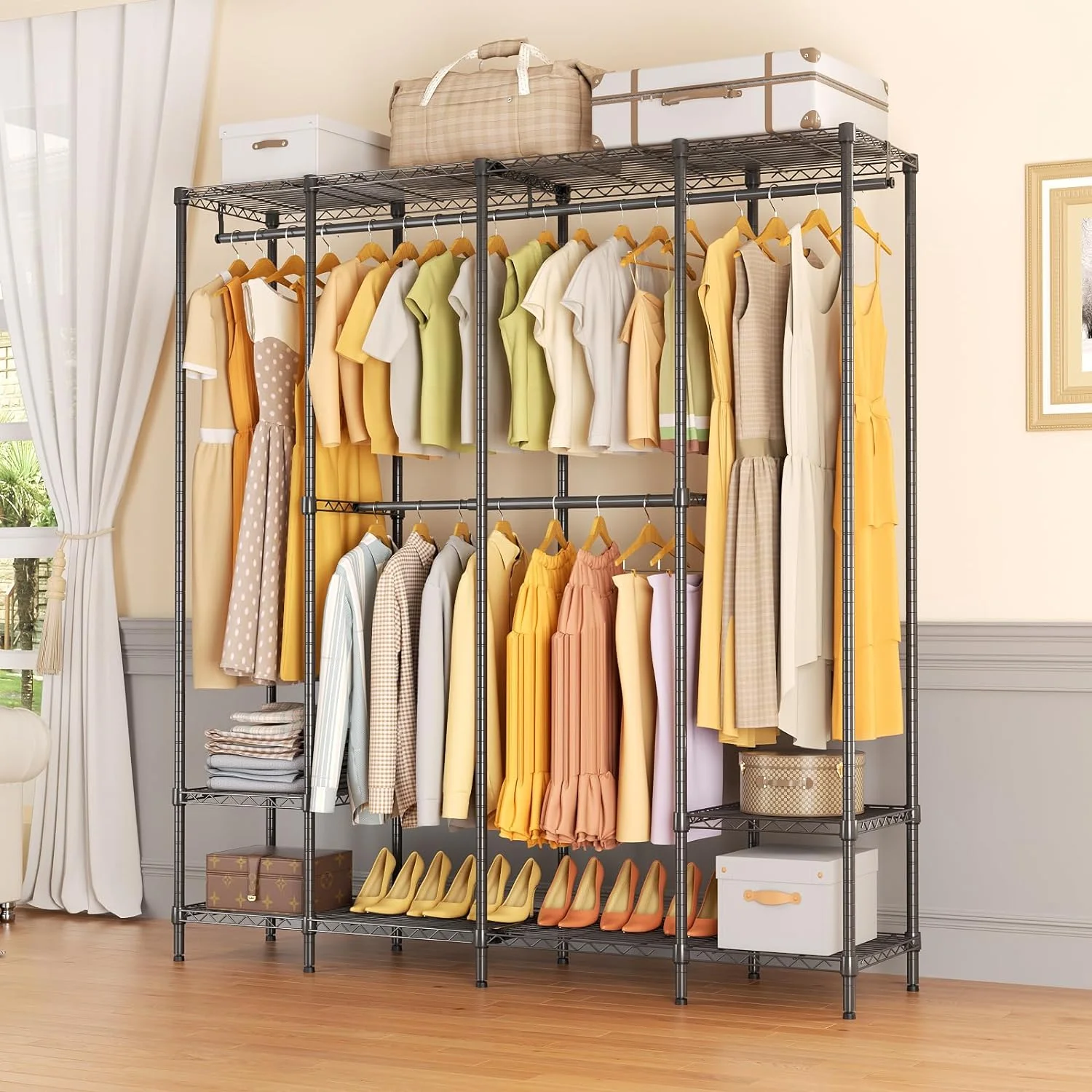 Wardrobe Rack,Freestanding Portable Closet Clothing Organizer,Corner Wardrobe Closet Storage,Wire Garment Rack Clothes Rack,Hanging Closet Organizer System,Max Load 985lbs 68.9