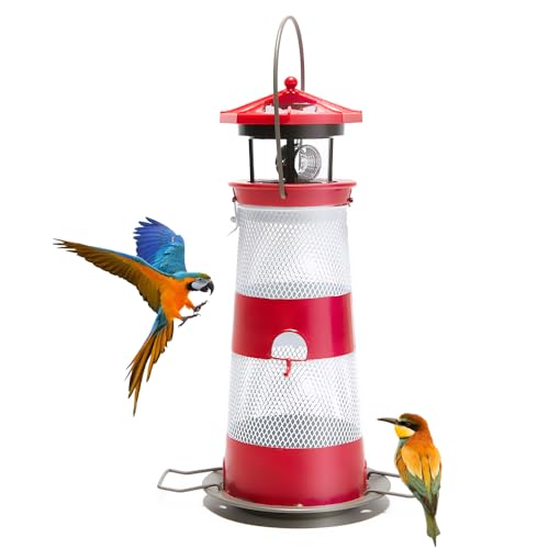 Solar Bird Feeder Lighthouse Hanging Outdoor Birdfeeder Garden Lantern Waterproof LED Lights Backyard Décor Patio Gifts for Bird Lovers (B-Lighthouse, Red)