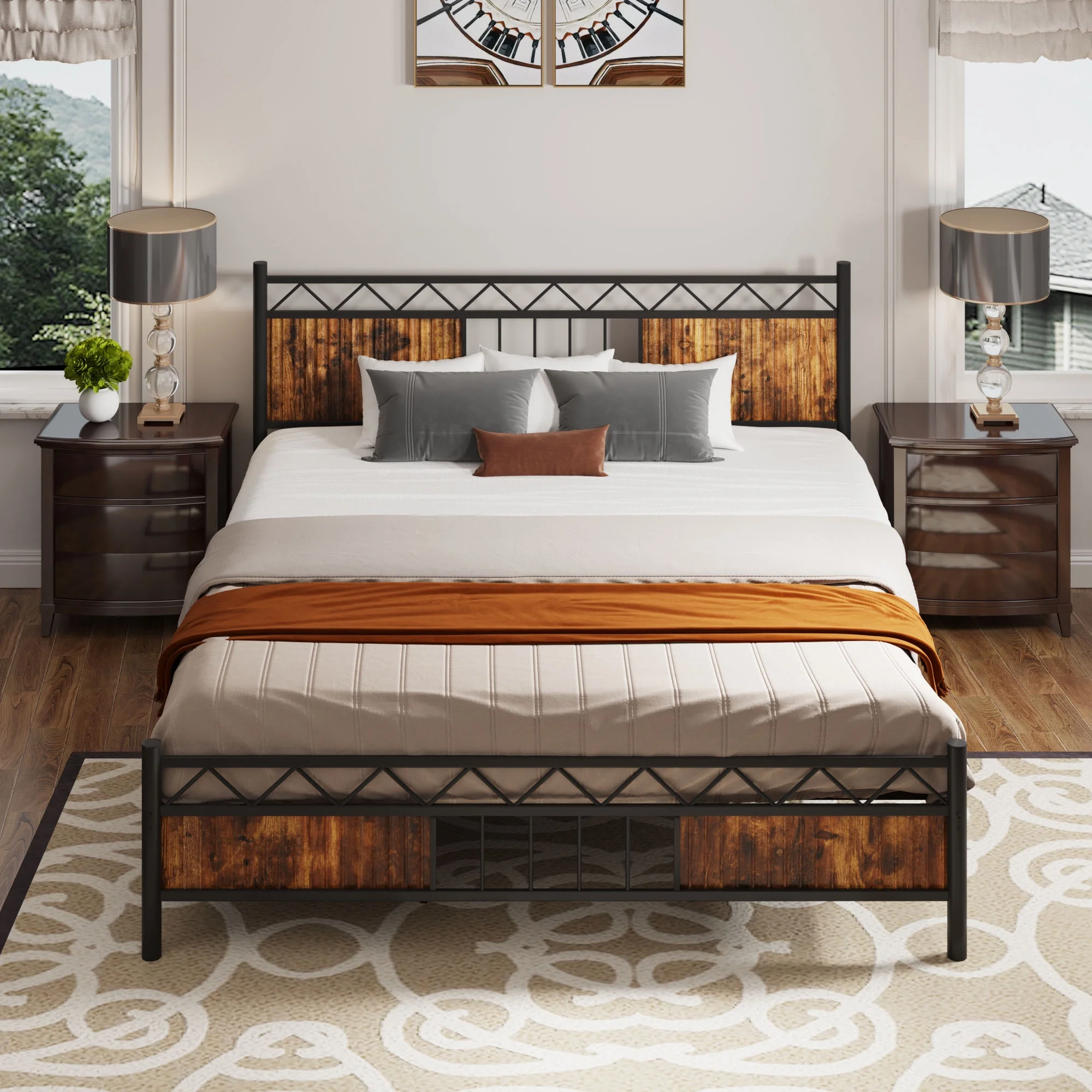 Dextrus Industrial King Size Platform Metal Bed Frame with Headboard & Soundproof Cotton, No Box Spring Needed, Black and Brown