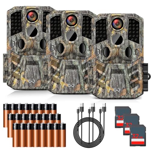 Trail Camera 3 Pack 30MP 1920P HD Game Camera with SD Cards, 0.2s Trigger Time Infrared Night Vision Motion Activated Hunting Cam, IP66 Waterproof 2.0''LCD Wildlife Camera for Monitoring