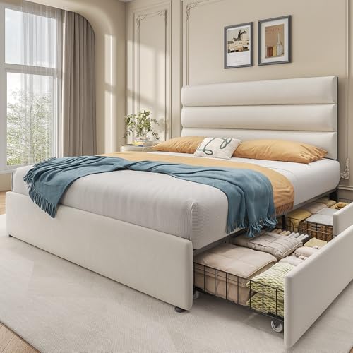 Lifezone Queen Bed Frame with Storage Drawers, Queen Size Platform Bed Frame with Velvet Upholstered Headboard, Metal Support, No Box Spring Needed, Noise-Free, Easy Assembly, Bedroom Furniture, Beige